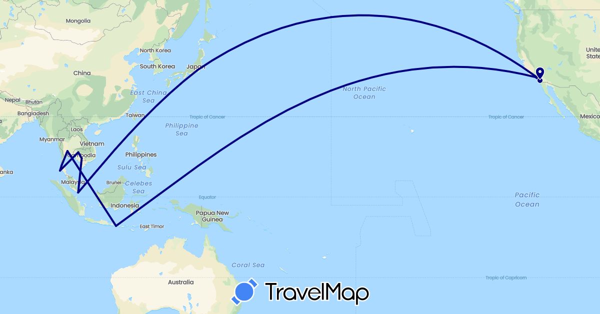 TravelMap itinerary: driving in Indonesia, Japan, Cambodia, Singapore, Thailand, United States (Asia, North America)